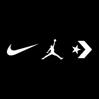 White Nike, Jordan, and Converse logos on black background.